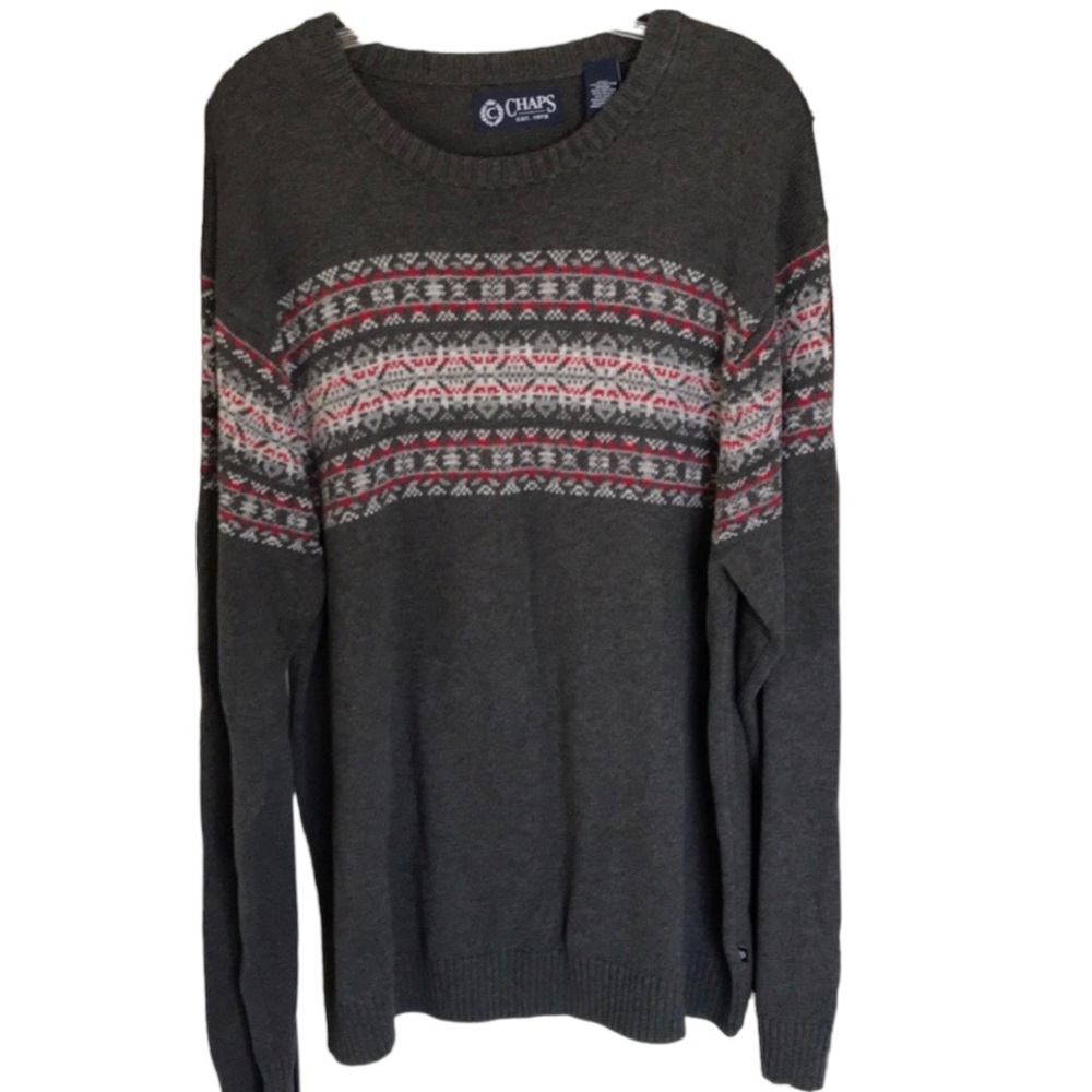 CHAPS Gray Crewneck Pullover Geometric Pattern Pullover Sweater Size:XXL